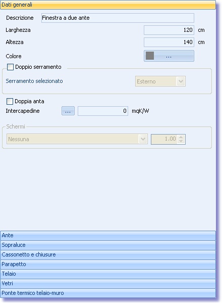 Dati generali finestra